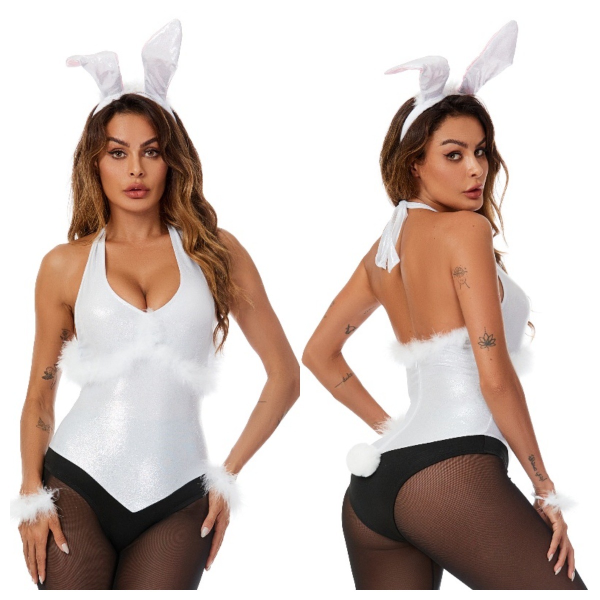 Womens Bunny Costume Bodysuit Halloween Sexy Halter Roleplay Rabbit Outfit